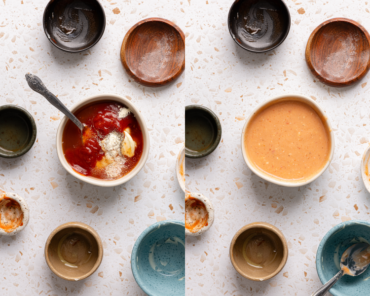 Side-by-side image of mixing together the ingredients for the bang bang sauce. - 8