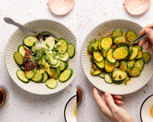 Side-by-side image showing mixing all the ingredients together for asian cucumber salad.
