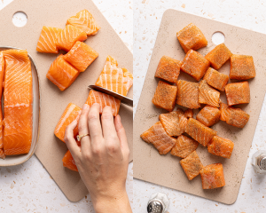 Side-by-side image of slicing the salmon into bite-sized pieces.