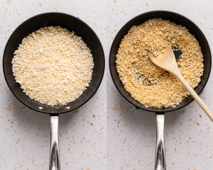 Side-by-side image of toasting the panko breadcrumbs in a skillet.