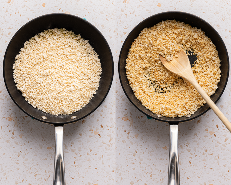 Side-by-side image of toasting the panko breadcrumbs in a skillet.