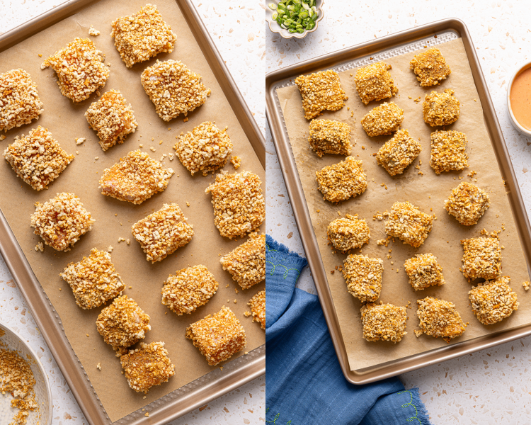 Side-by-side image of the panko salmon nuggets on a baking tray then baking for 12-15 minutes. - 10