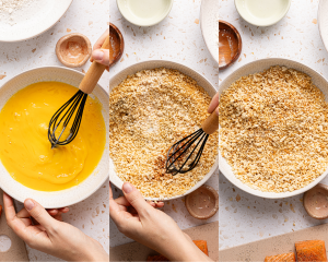 Three photos side-by-side of setting up the egg bowl and panko bowl for dredging the salmon bites.