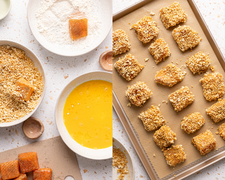 Side-by-side image of dredging the salmon nuggets and placing on a baking tray.