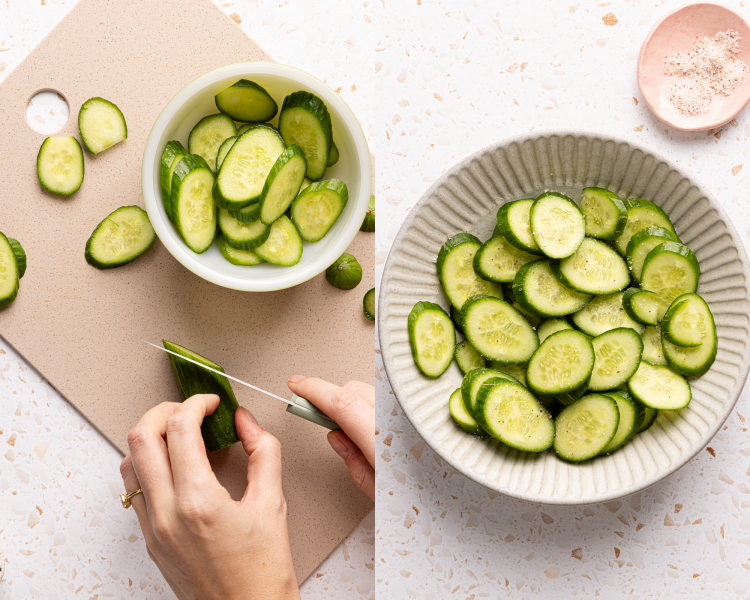 Side-by-side image of slicing cucumbers diagonally, then placing in a bowl with salt.