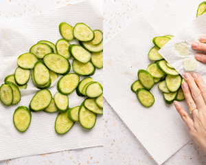 Side-by-side image of patting sliced cucumbers dry with paper towel.