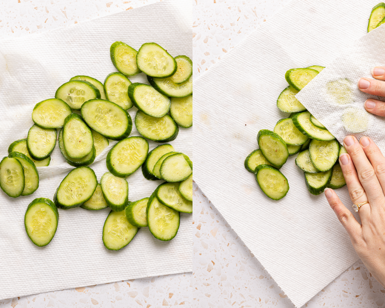 Side-by-side image of patting sliced cucumbers dry with paper towel.