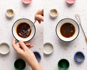 Side-by-side of whisking dressing ingredients together for Asian cucumber salad in a small bowl.