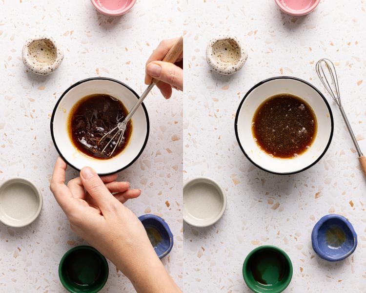 Side-by-side of whisking dressing ingredients together for Asian cucumber salad in a small bowl.