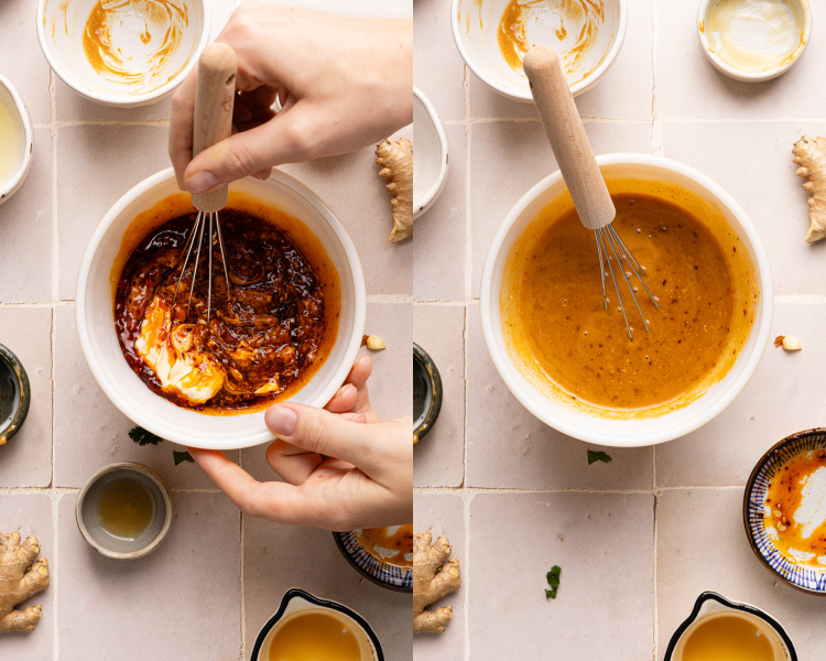 Side-by-side image of whisking peanut dressing ingredients together in small bowl.