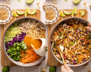 Side-by-side image of pouring peanut dressing over salad and mixing with salad spoons in large salad bowl.