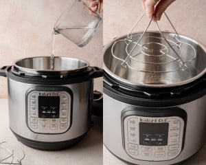 Pouring water into the inner pot of an Instant Pot and placing the metal trivet inside to prepare for cooking hard boiled eggs.