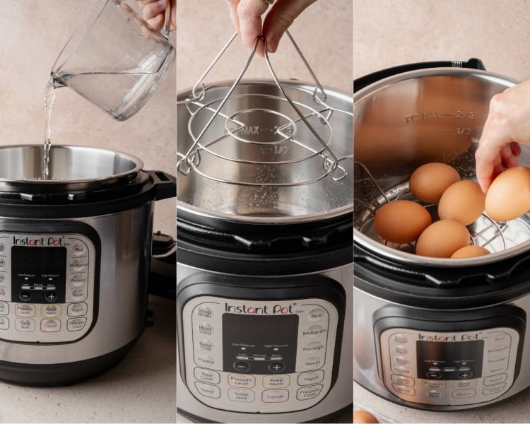 Step-by-step images showing water being poured into an Instant Pot, the trivet inserted, and eggs placed on the trivet for pressure cooking.