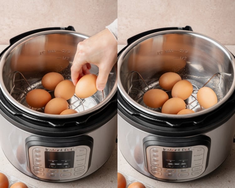 Placing large eggs on the trivet inside the Instant Pot insert so they sit above the water before pressure cooking.