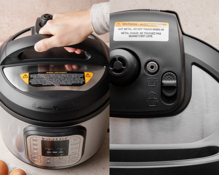Closing and sealing the lid on an Instant Pot before pressure cooking hard boiled eggs.