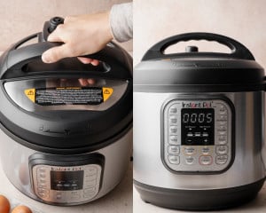 Closing and sealing the lid on an Instant Pot and setting the pressure cook time to make hard boiled eggs.