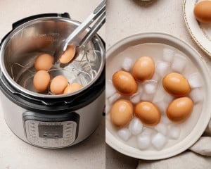 Using tongs to transfer cooked eggs from the Instant Pot into a bowl filled with ice water for an ice bath.