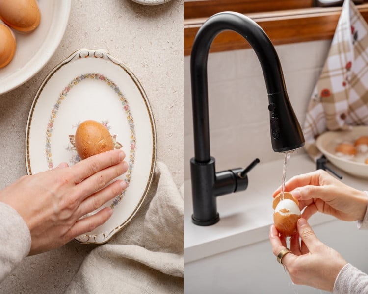 Cracking and peeling a hard boiled egg under running water at the sink to easily remove the shell.