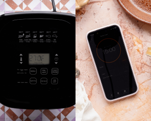Side-by-side image showing preheating the air fryer then setting a timer for 15 minutes on a phone.