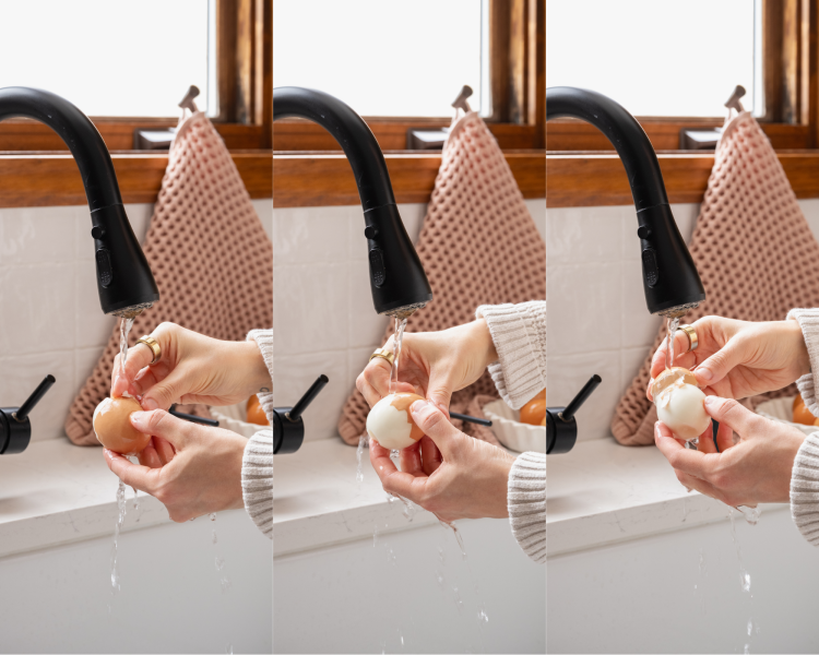 Three images side-by-side showing how to peel a hard boiled egg until a slow stream of cool water.