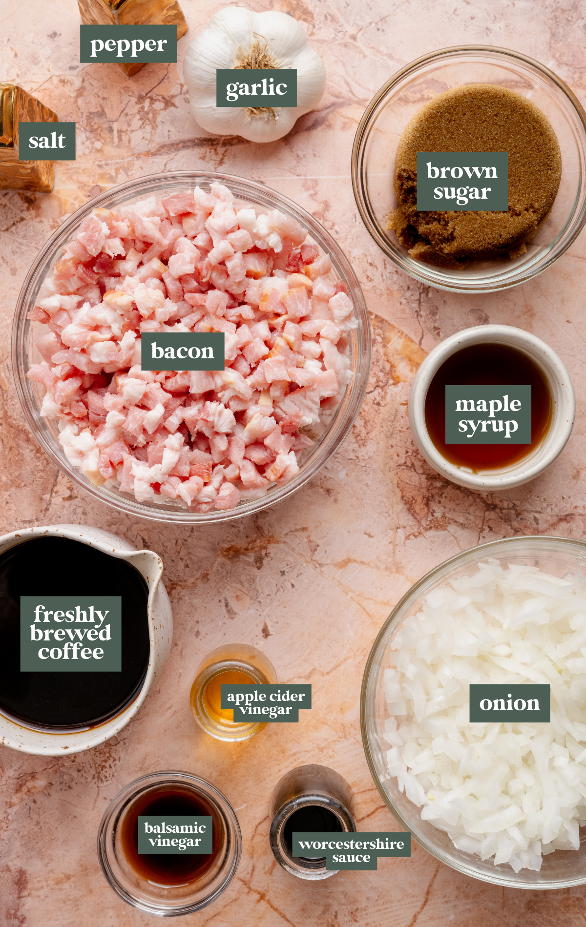 Labeled ingredients for bacon jam.