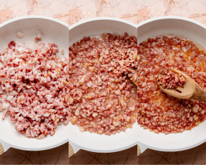 Three images side-by-side showing cooking the chopped bacon pieces in a large skillet.