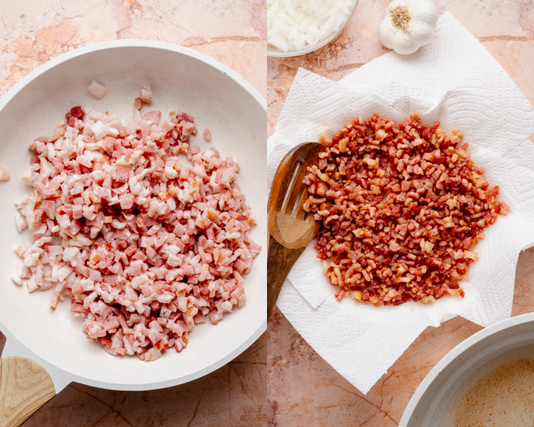 Side-by-side image of adding the chopped bacon to a large skillet then transferring to a paper-towel-lined plate to drain the excess grease while the onions cook.