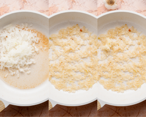 Three images side-by-side showing cooking the onions for bacon jam.