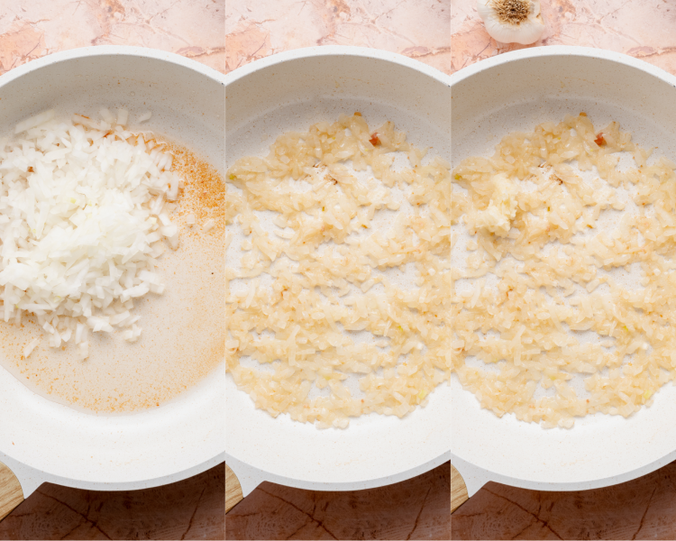 Three images side-by-side showing cooking the onions for bacon jam.