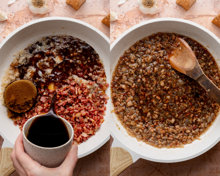 Side-by-side image of adding the rest of the bacon jam ingredients to the cooked bacon and onions.