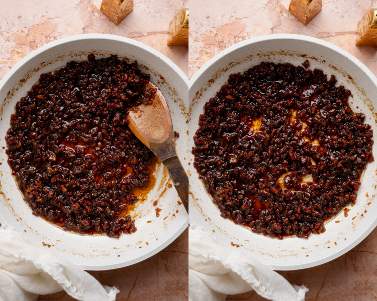 Side-by-side image of simmering bacon jam for ~1 hour or until thick and jammy.
