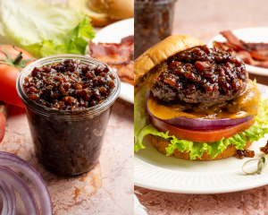 Side-by-side image of bacon jam stored in jar and the jar spread on top of homemade burger.