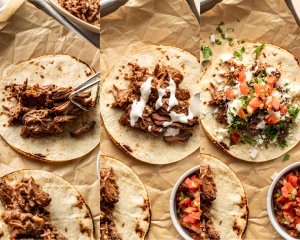 Three images side-by-side showing how to assemble a barbacoa taco with meat and toppings.