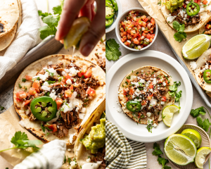 Side-by-side image of squeezing fresh lime juice on an assembled barbacoa taco then showing the taco served on a plate.