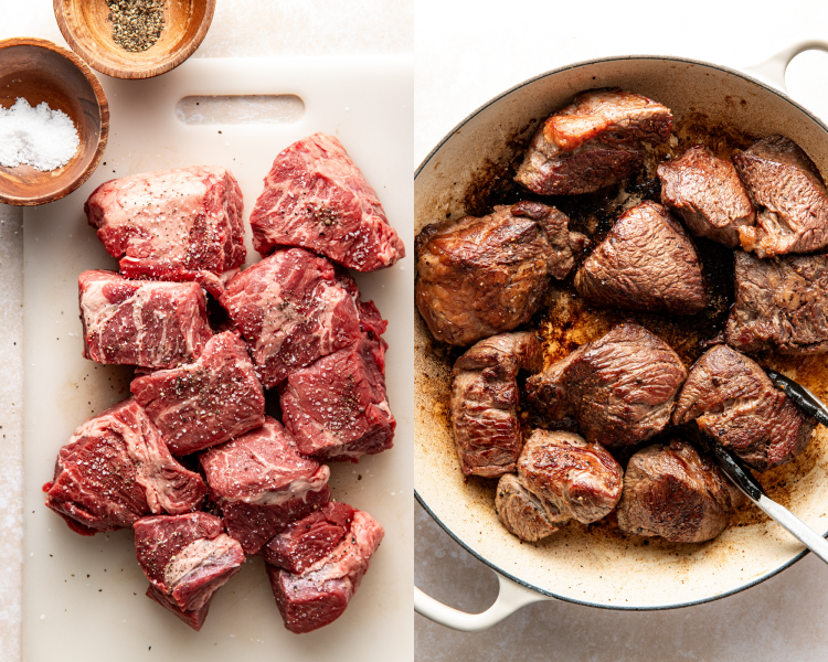Side-by-side image of cutting up chunks of beef and seasoning before searing.