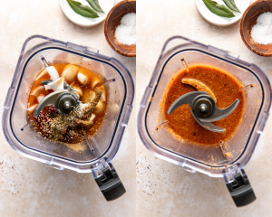 Side-by-side of mixing sauce ingredients together in the blender.