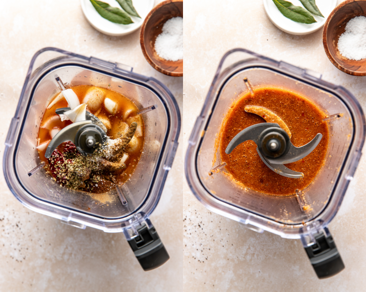 Side-by-side of mixing sauce ingredients together in the blender.