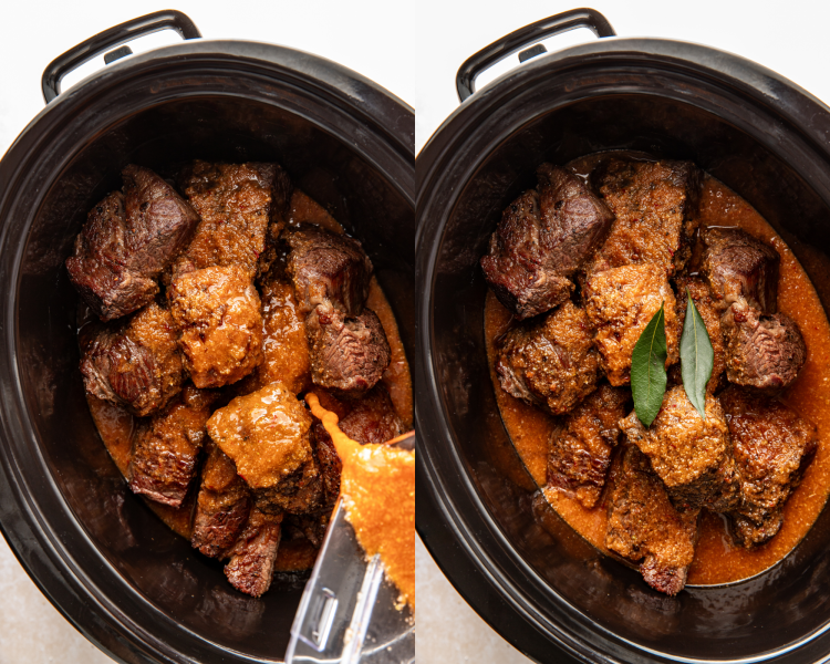 Side-by-side image of pouring sauce over seared beef in the crockpot and adding the bay leaves.
