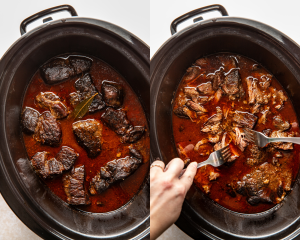 Side-by-side image of the beef barbacoa cooked in the crockpot then shredding with two forks.