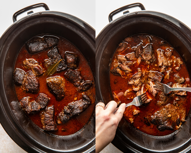 Side-by-side image of the beef barbacoa cooked in the crockpot then shredding with two forks.