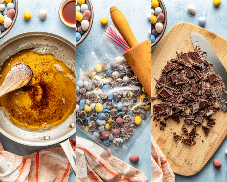 Three images showing how to brown the butter and crush/chop the chocolate to prepare before making the cookie dough.