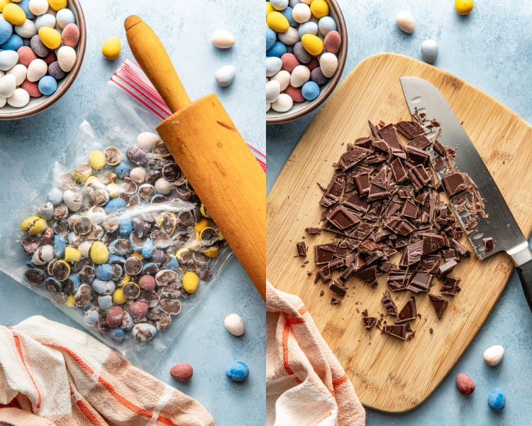 Side-by-side image of crushing the mini cadbury cookies with a rolling pin and chopping the bar of chocolate on a wooden cutting board.