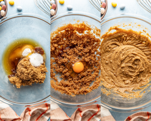 Three images side-by-side of whisking the wet ingredients together.