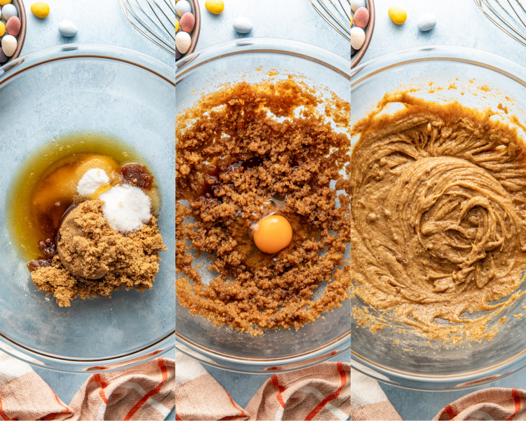 Three images side-by-side of whisking the wet ingredients together.