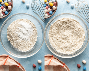 Side-by-side image of whisking the dry ingredients together in a separate bowl.