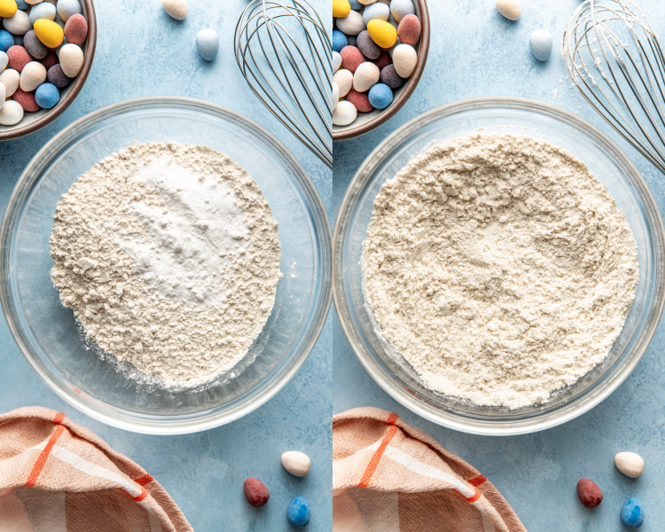 Side-by-side image of whisking the dry ingredients together in a separate bowl.