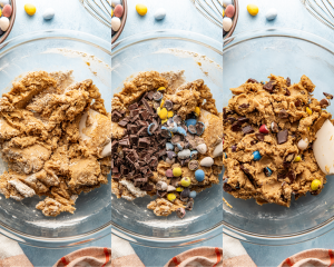 Three images side-by-side showing mixing the dough together.