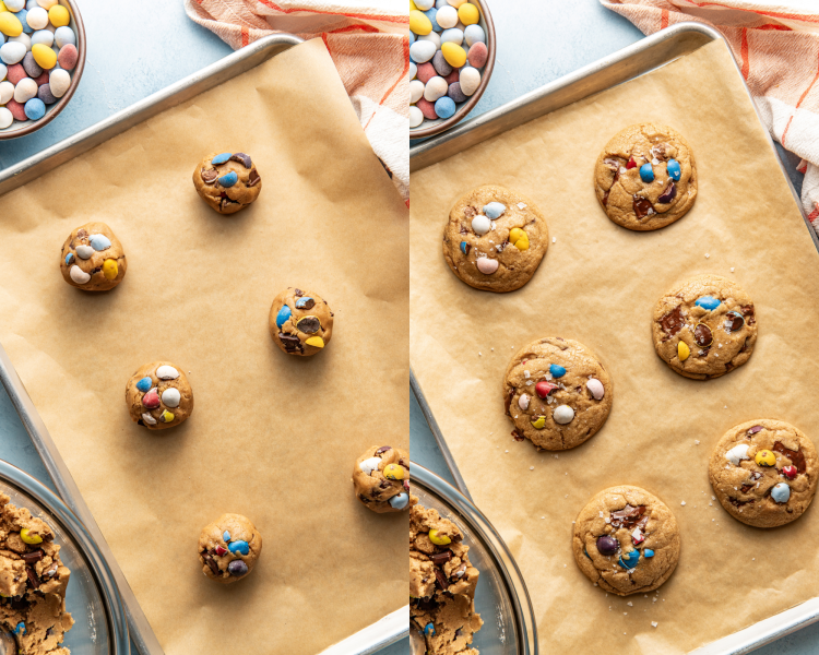 Side-by-side image of placing six balls of dough on a baking sheet then baking for 8-10 minutes.