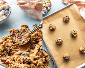 Side-by-side image of scooping cadbury cookie dough into cookie scoop and place onto prepared baking sheet.
