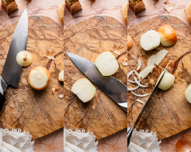 Three images side-by-side showing how to slice a yellow onion for caramelized onions.